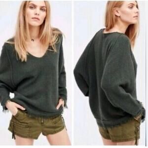 Free People Irresistible Fringe Green Wool Blend Sweater, XS